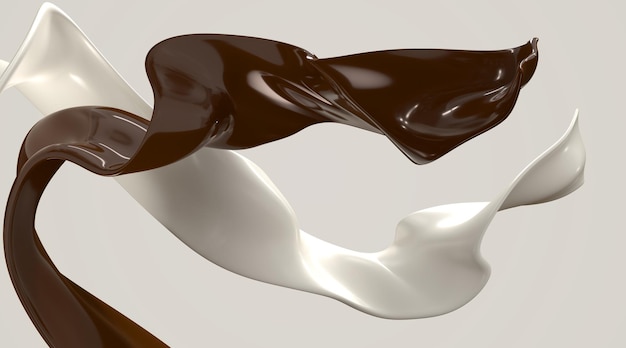 Milk and chocolate streams pouring wave lines white and brown swirl liquids isolated on background 3d render Dynamic splashes of hot coffee and cream flow mixed for promo ad design