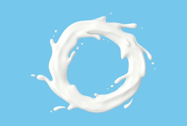 milk circle splashes isolate on blue background liqiud splash 3d render