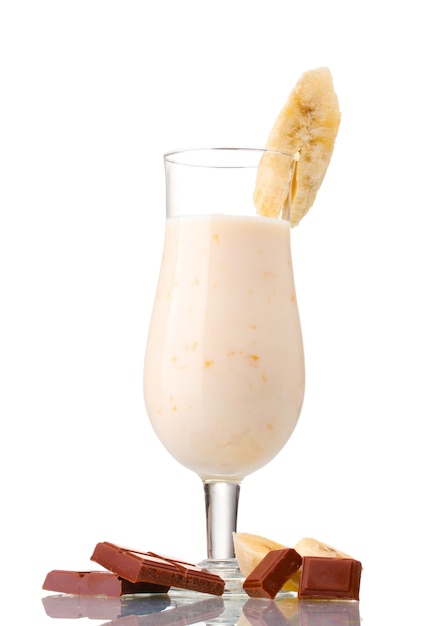 Milk cocktail with bananas and chocolate isolated on white