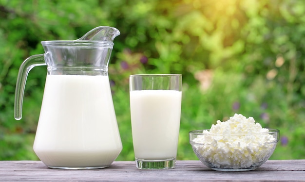 Milk and cottage cheese in glass bowl on wooden table