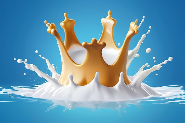 Photo milk crown splash splashing in milk pool with blue background