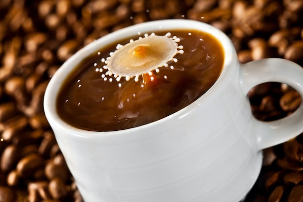 Milk drop falling into a cup of coffee