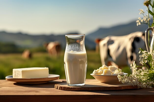 Photo milk in a glass and bottle on a wooden table with cows in the background