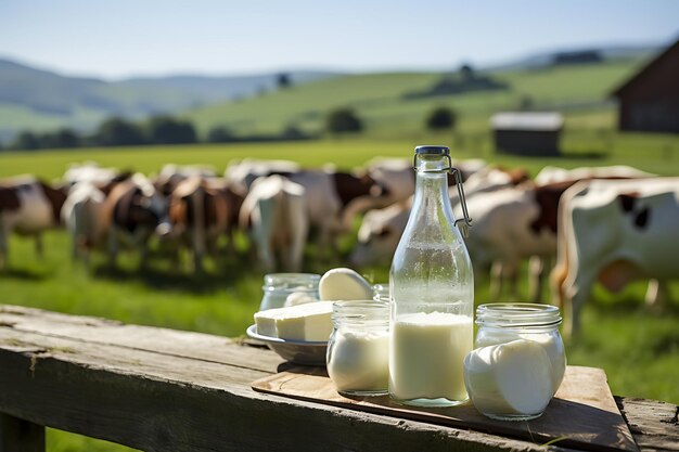 Photo milk in a glass and bottle on a wooden table with cows in the background