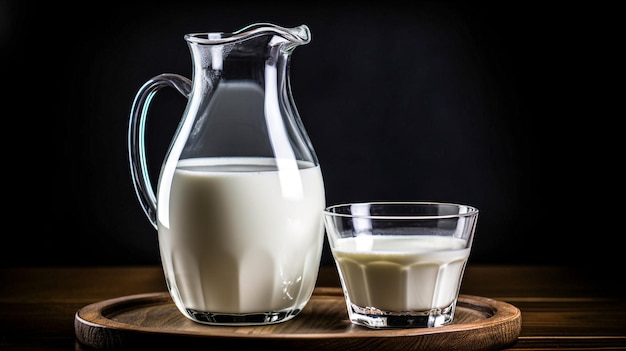 Milk in glass and jug on dark background generative AI