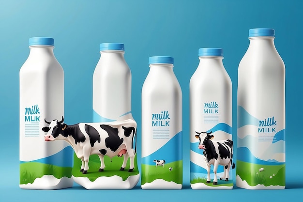 Milk packaging plastic bottle mockup on display podium paper cut fields cows milk splashes