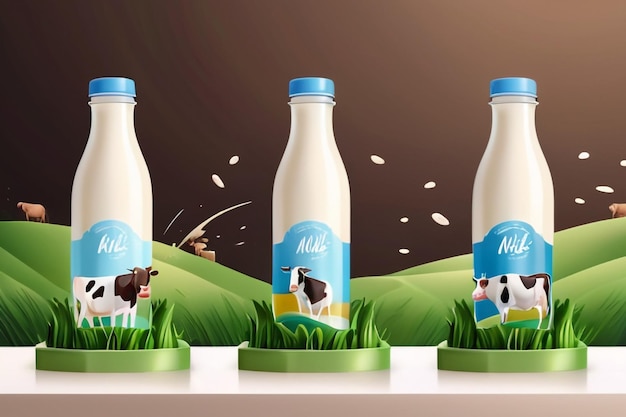 Photo milk packaging plastic bottle mockup on display podium paper cut fields cows milk splashes