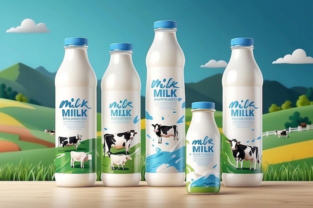 Photo milk packaging plastic bottle mockup on display podium paper cut fields cows milk splashes