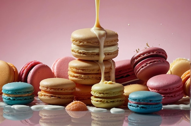 A milk pour drizzling over a tower of macarons and pet