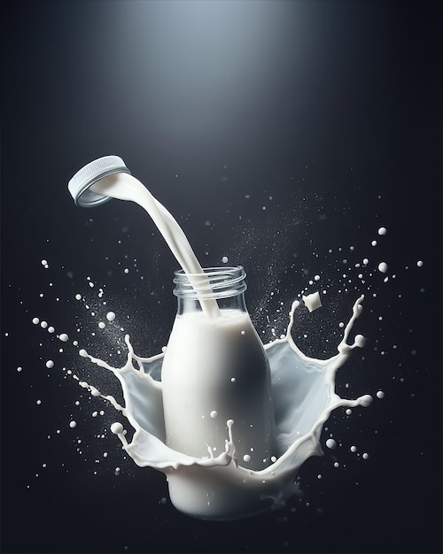 Milk pour splash isolated on black background