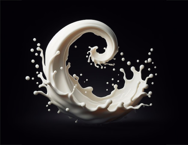 Milk pour splash isolated on black background