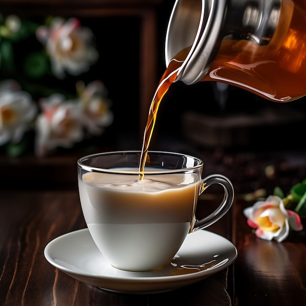 Milk poured into a cup of Pouring tea