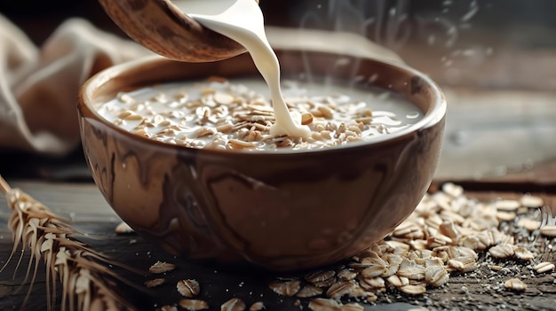 Milk pouring into a bowl of oatmeal with a splash captured in closeup highlighting a delicious break