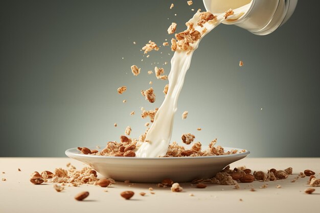 Milk pouring into cereal dynamic breakfast scene