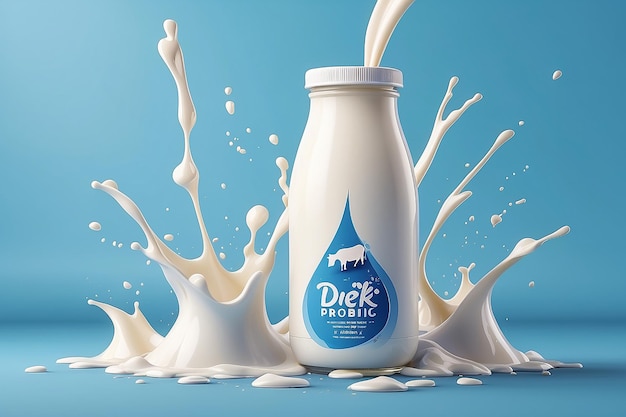 Milk probiotic product advertising banner Bottle mockup with milk splashes and