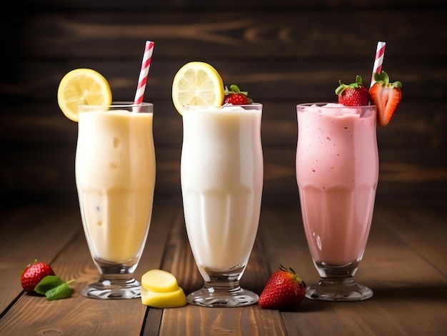 Milk shakes with fruits on a wooden background Selective focus