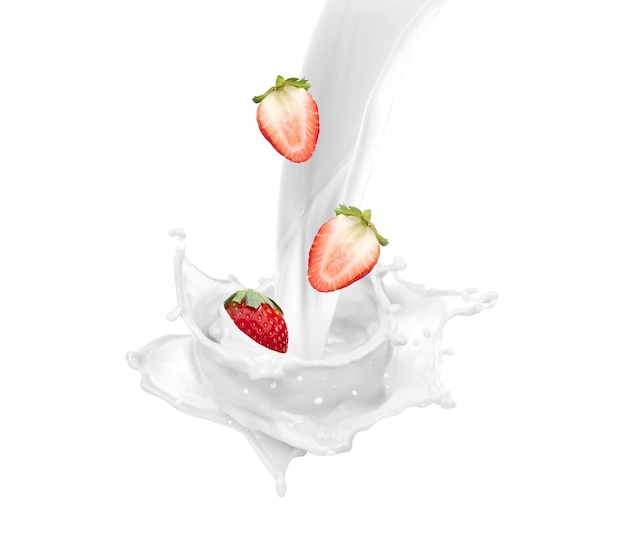 Photo milk splash effect with strawberries for design use