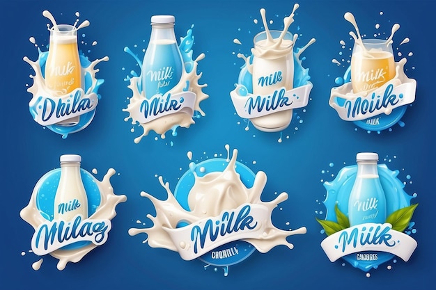 Photo milk splash logo dairy products brand badges natural drink stickers with drops healthy