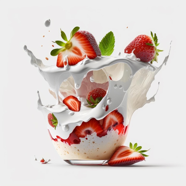 Milk splash with strawberries in it Generative AI