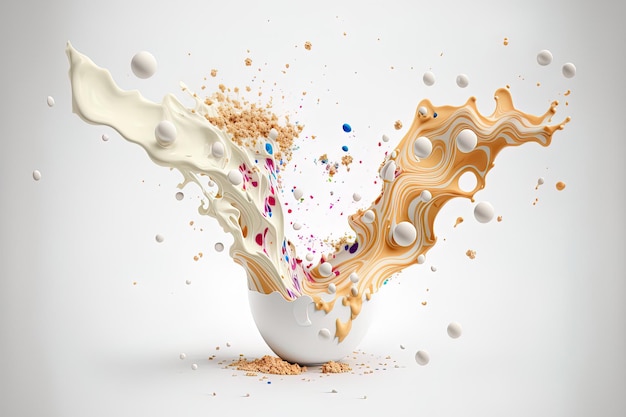 Milk splashes and cereal falling into each other on a white background