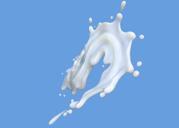 Milk splashes curve isolate on blue background Liqiud splash 3D Render