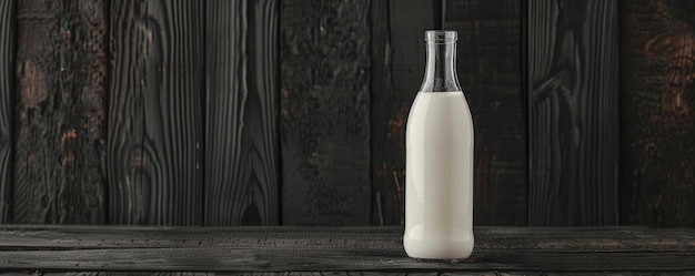 Milk in a transparent bottle set against a black wooden background The rich texture of the wood