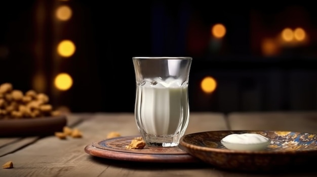 milk or Turkish Ayran drink poured into a glass cup from a bottle Glass is placed