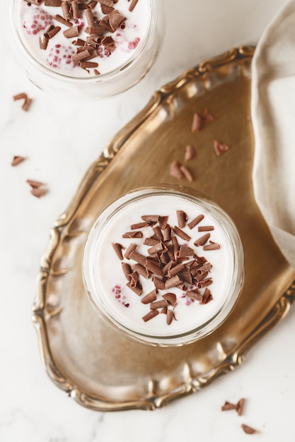 Milk with chocolate and raspberries