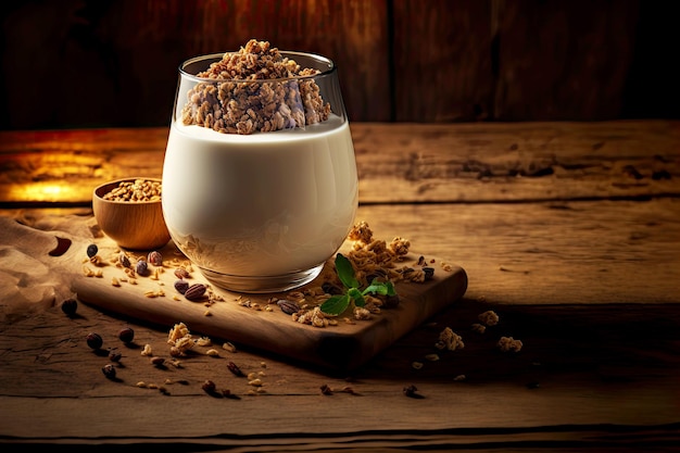 Milk with sweet homemade granola in glass cup on wooden table