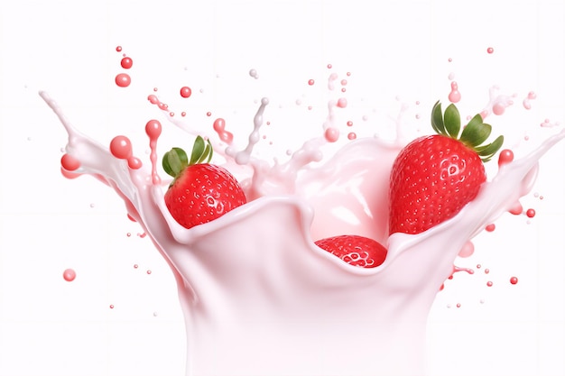 milk or yogurt splash with strawberries isolated on white background 3d rendering