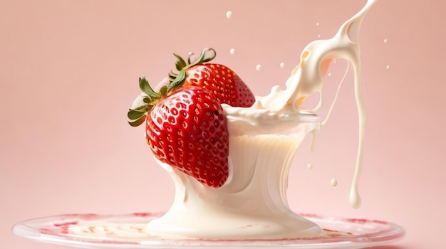 Milk or yogurt splash with strawberries isolated on white background 3d rendering