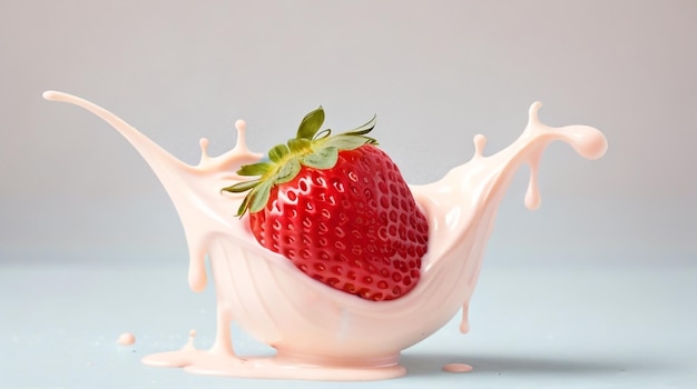 Milk or yogurt splash with strawberries isolated on white background 3d rendering