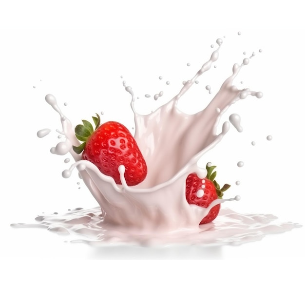 Milk or yogurt splash with strawberries isolated on white