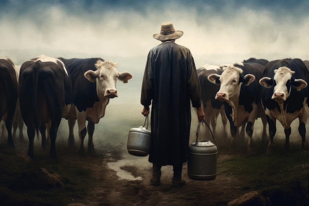 Milkmaid person bucket cows Generate Ai