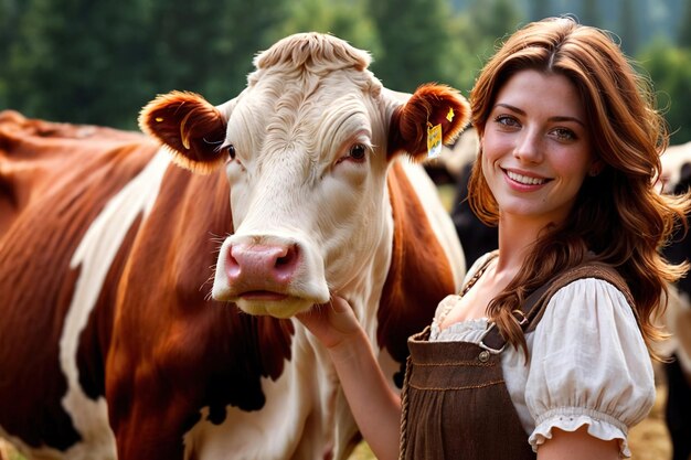 Photo milkmaid with cow young girl in farm animal husbandry looking after farm animals in field