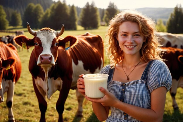 Photo milkmaid with cow young girl in farm animal husbandry looking after farm animals in field