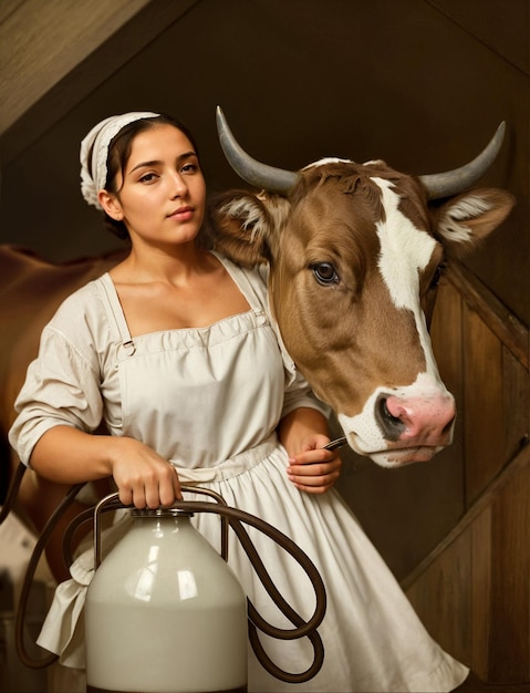 Photo milkmaid with milk can stands next to cow in cattle yard