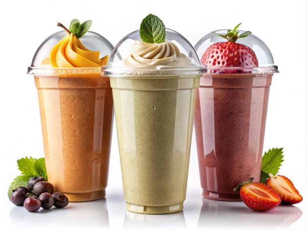 Photo milkshake smoothie in cup on many assorted different flavour mockup template for artwork design