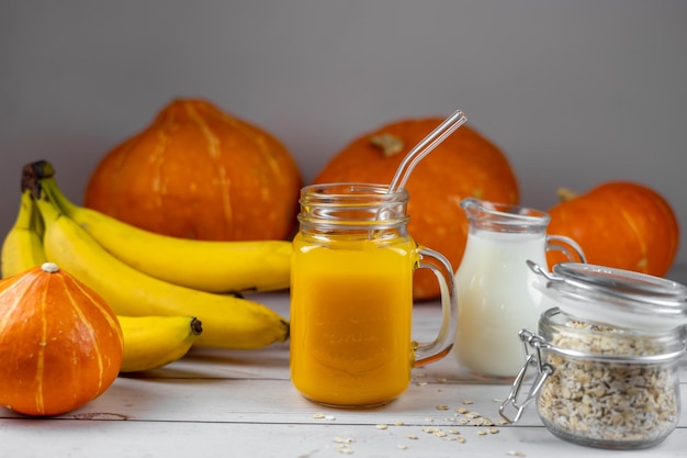 Milkshake or smoothie made from pumpkin banana and oatmeal