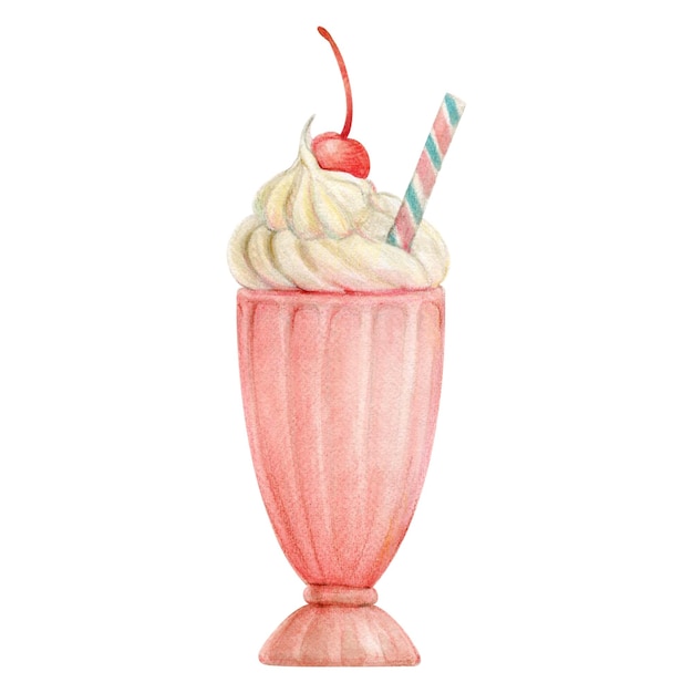 Photo milkshake with cream cap cherry and cocktail straw watercolor isolated