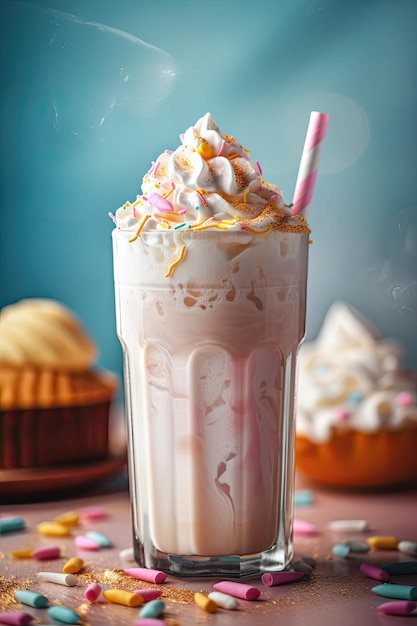 A milkshake with rainbow sprinkles on top sits on a table with a cupcakes in the background.