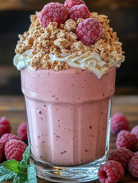 Photo a milkshake with raspberries and milkshake on top of it