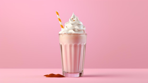 A milkshake with a red and white striped straw.