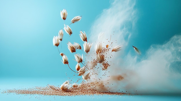 Photo milkweed seeds scattering from a pod in the breeze