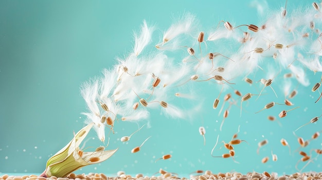 Photo milkweed seeds scattering from a pod