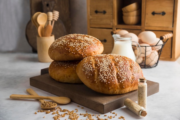 Milky Bun on compasitions with wood cutting board