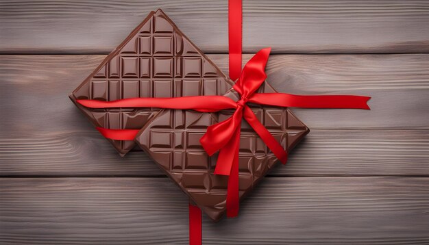 milky chocolate bar with red bow on grey wooden background