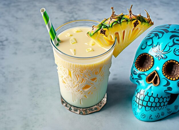 milky coattail garnished with pineapple next bule Mexican skull