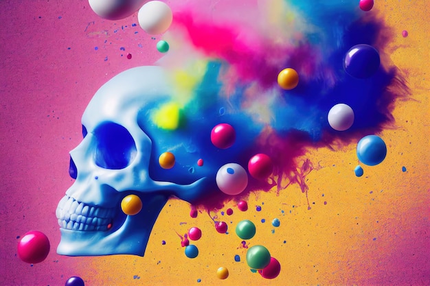 Milky color skull floating in exploding paint bomb sphere multicolored background with dead human bo