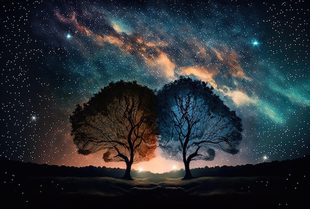 Milky way backdrop trees in a nighttime scene